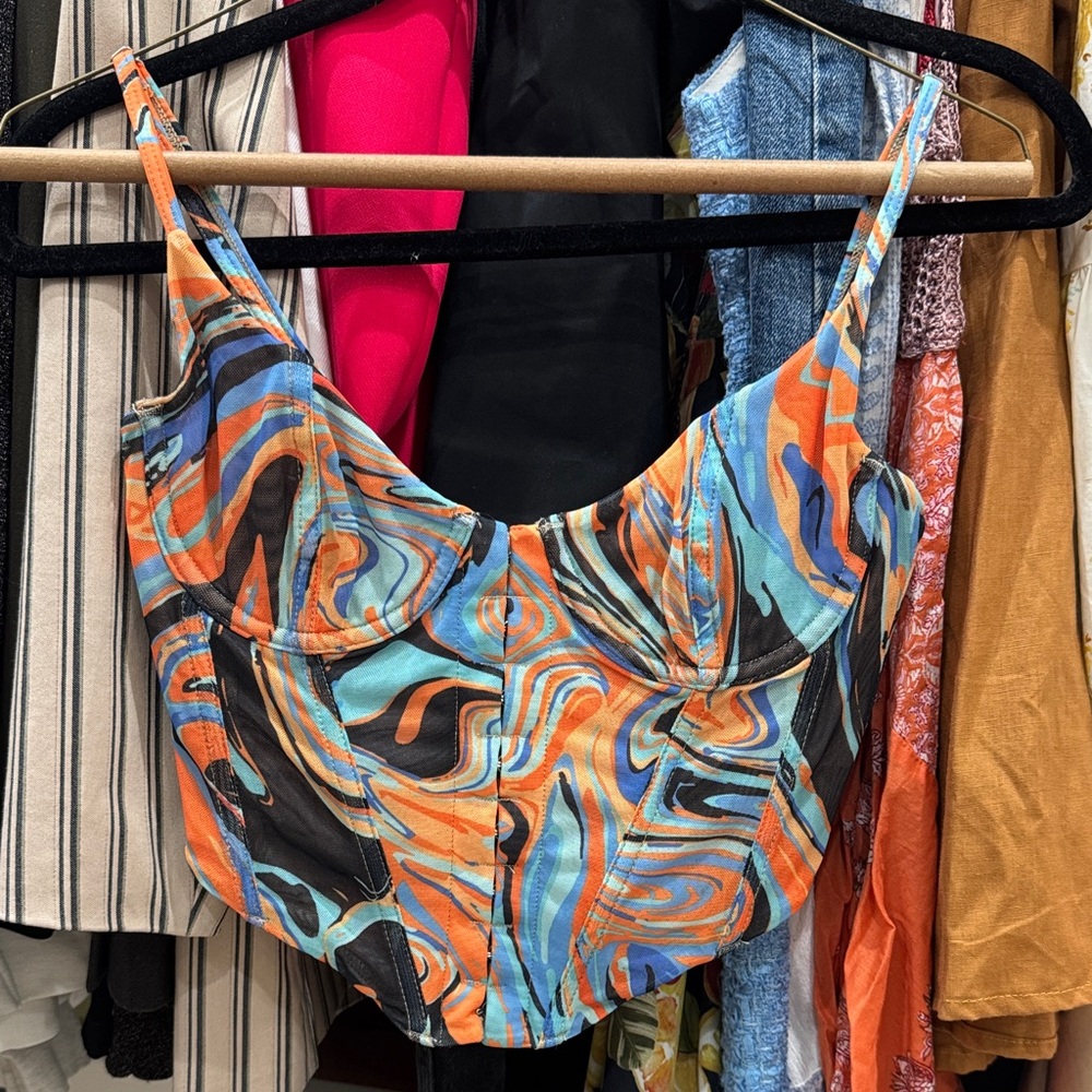 White Fox Edge of Reason Bustier Orange Swirl Top